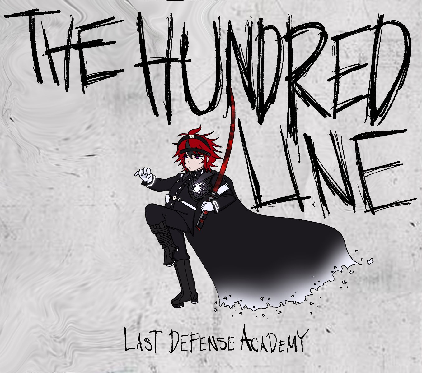 sumino takumi, my chemical romance, the black parade, the hundred line -last defense academy-, commentary, derivative work, english commentary, highres, 1boy, ahoge, album cover, album cover redraw, armband, belt, black boots, black cape, black jacket, black pants, blue eyes, boots, cape, cover, english text, gloves, holding, holding sword, holding weapon, hole in chest, hole on body, jacket, knee up, last defense academy school uniform, multicolored hair, pants, parody, red hair, red pupils, school uniform, solo, sqibbert, standing, standing on one leg, streaked hair, style parody, sword, two-tone hair, weapon, white armband, white belt, white gloves