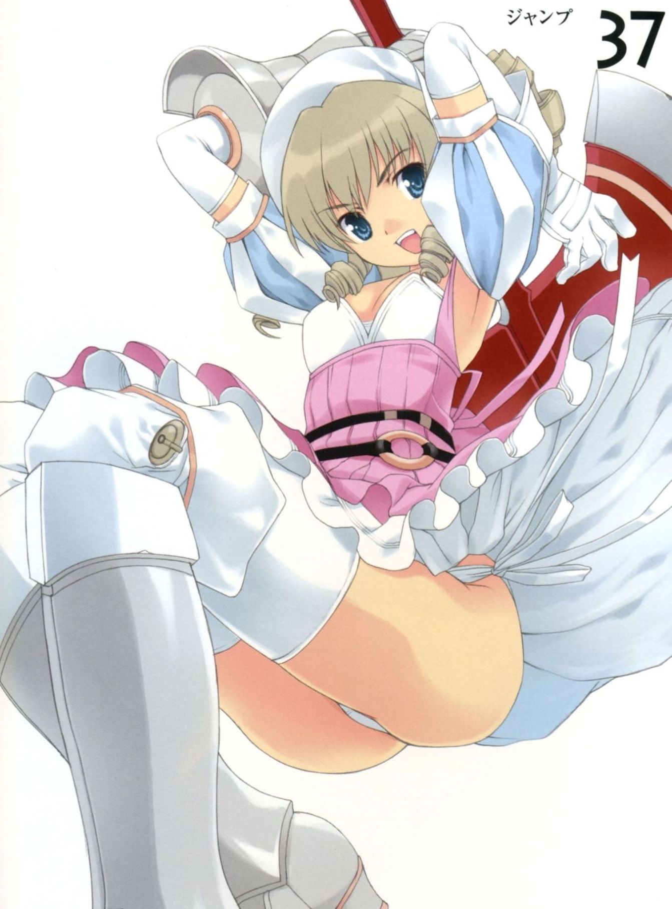 mibu natsuki, iron princess ymir, ymir (queen's blade), queen's blade, highres, 00s, 1girl, armor, armored dress, armpits, blue eyes, brown hair, dress, drill hair, female focus, flat chest, frills, hairband, panties, pointy ears, side-tie panties, solo, thighhighs, underwear, white panties