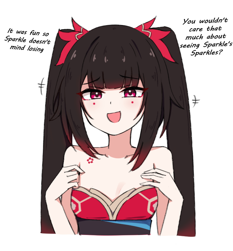 chirun0, sparkle (honkai: star rail), honkai: star rail, honkai (series), commentary, english commentary, 1girl, bare shoulders, black hair, breasts, cropped torso, dress, english text, flower tattoo, long hair, open mouth, purple eyes, red dress, simple background, small breasts, solo, tattoo, twintails, very long hair