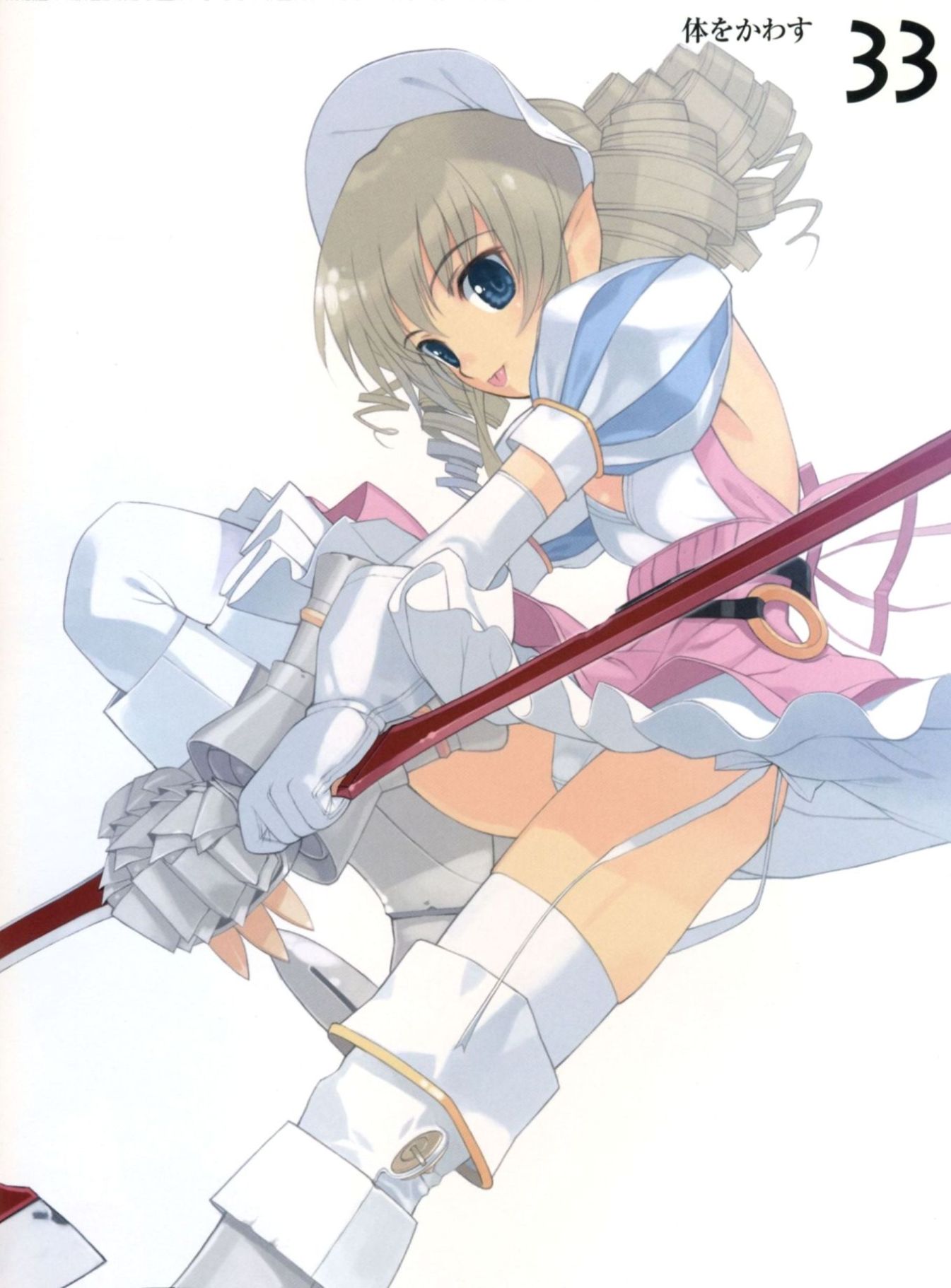 mibu natsuki, iron princess ymir, ymir (queen's blade), queen's blade, highres, 00s, :p, armor, armored dress, blue eyes, brown hair, dress, drill hair, elbow gloves, flat chest, frills, gauntlets, gloves, hairband, panties, pantyshot, pointy ears, ribbon, solo, thighhighs, tongue, tongue out, underwear, white panties