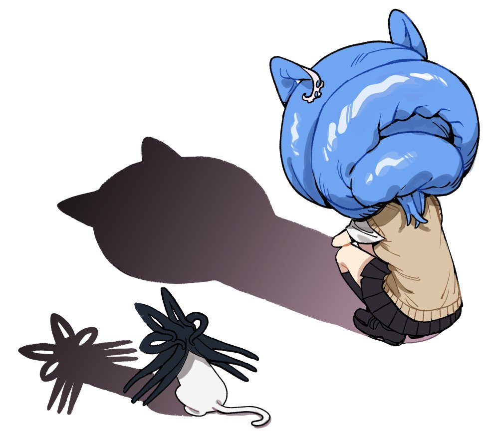 megame (okbnkn), mizudako-chan (okbnkn), mizudako-chan kara wa nigerarenai!, 1girl, black shoes, black skirt, black socks, blue hair, brown sweater vest, cat, cat shadow puppet (meme), loafers, meme, pleated skirt, school uniform, shadow, shirt, shoes, simple background, skirt, socks, solo, squatting, sweater vest, tentacle hair, white background, white cat, white shirt