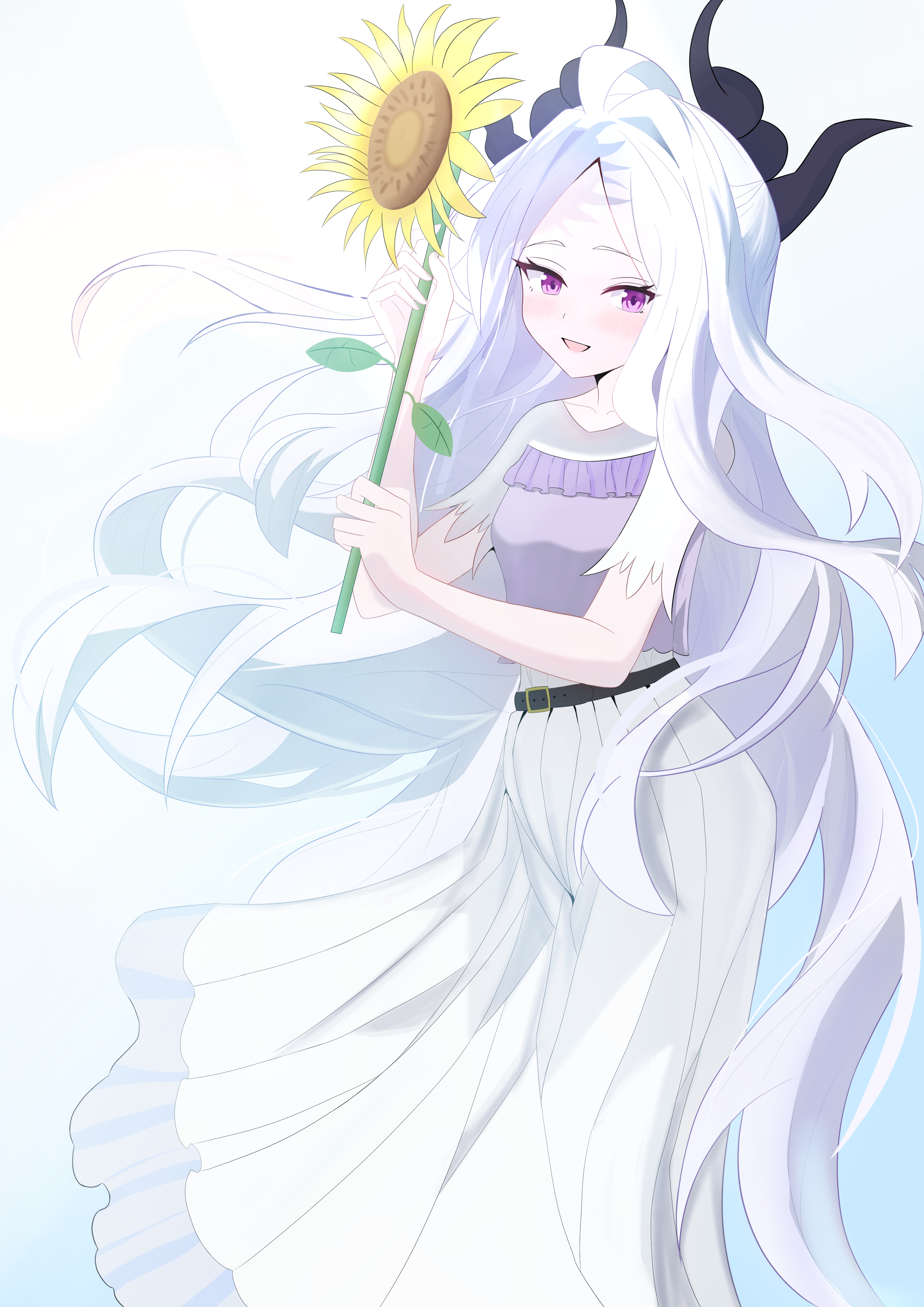hina (blue archive), blue archive, absurdres, commentary request, highres, 1girl, ahoge, alternate costume, blush, breasts, demon girl, demon horns, flower, horns, long hair, looking at viewer, purple eyes, small breasts, solo, standing, sunflower, very long hair, white hair