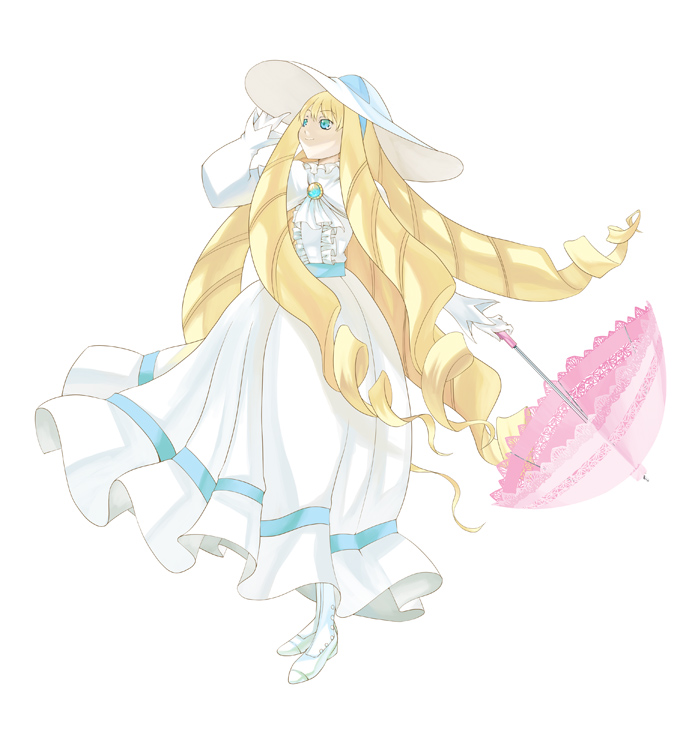 katou kouki, kihel heim, gundam, turn a gundam, 1girl, aqua eyes, blonde hair, dress, drill hair, female focus, full body, gloves, hat, he3, long hair, looking up, simple background, smile, solo, umbrella, very long hair, white dress