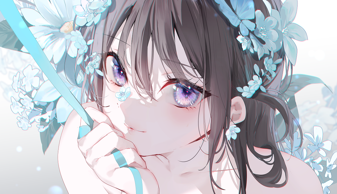 miwano rag, original, 1girl, black hair, bug, butterfly, collarbone, flower, hair flower, hair ornament, insect, purple eyes, ribbon, smile, solo