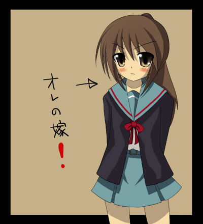 setsuna (pixiv59815), kyon, kyonko, suzumiya haruhi no yuuutsu, bad id, bad pixiv id, lowres, translated, 00s, 1girl, blush, brown eyes, brown hair, cardigan, female focus, genderswap, genderswap (mtf), long hair, long sleeves, ponytail, school uniform, serafuku, simple background, solo