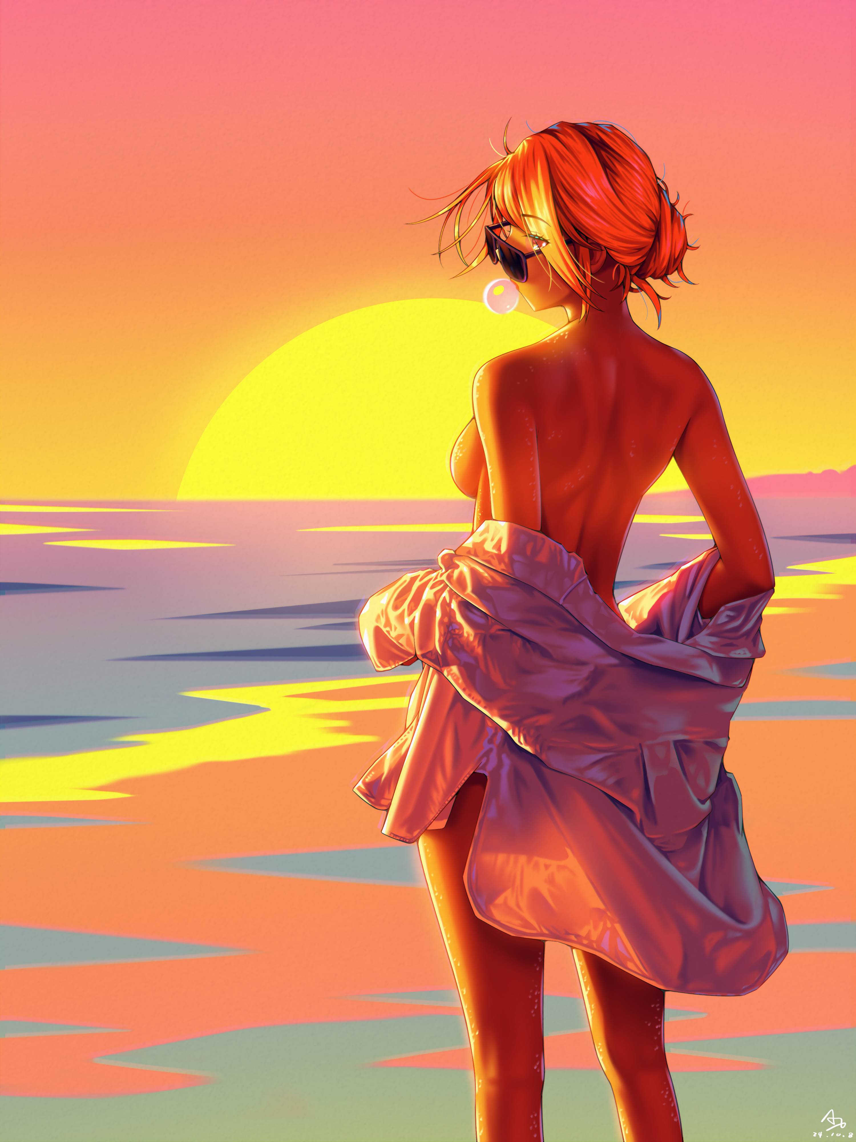 a.x., original, absurdres, highres, 1girl, back, bare shoulders, beach, breasts, chewing gum, feet out of frame, from behind, golden hour, hair bun, horizon, looking to the side, no bra, ocean, orange sky, shirt, shore, sideboob, single hair bun, sky, solo, sun, sunglasses, sunset, undressing, white shirt
