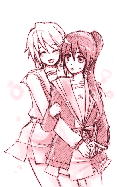 yin xing zi, koizumi itsuki, koizumi itsuki (female), kyon, kyonko, suzumiya haruhi no yuuutsu, 00s, 2girls, cardigan, genderswap, genderswap (mtf), hug, long hair, long sleeves, monochrome, multiple girls, pink theme, ponytail, school uniform, serafuku