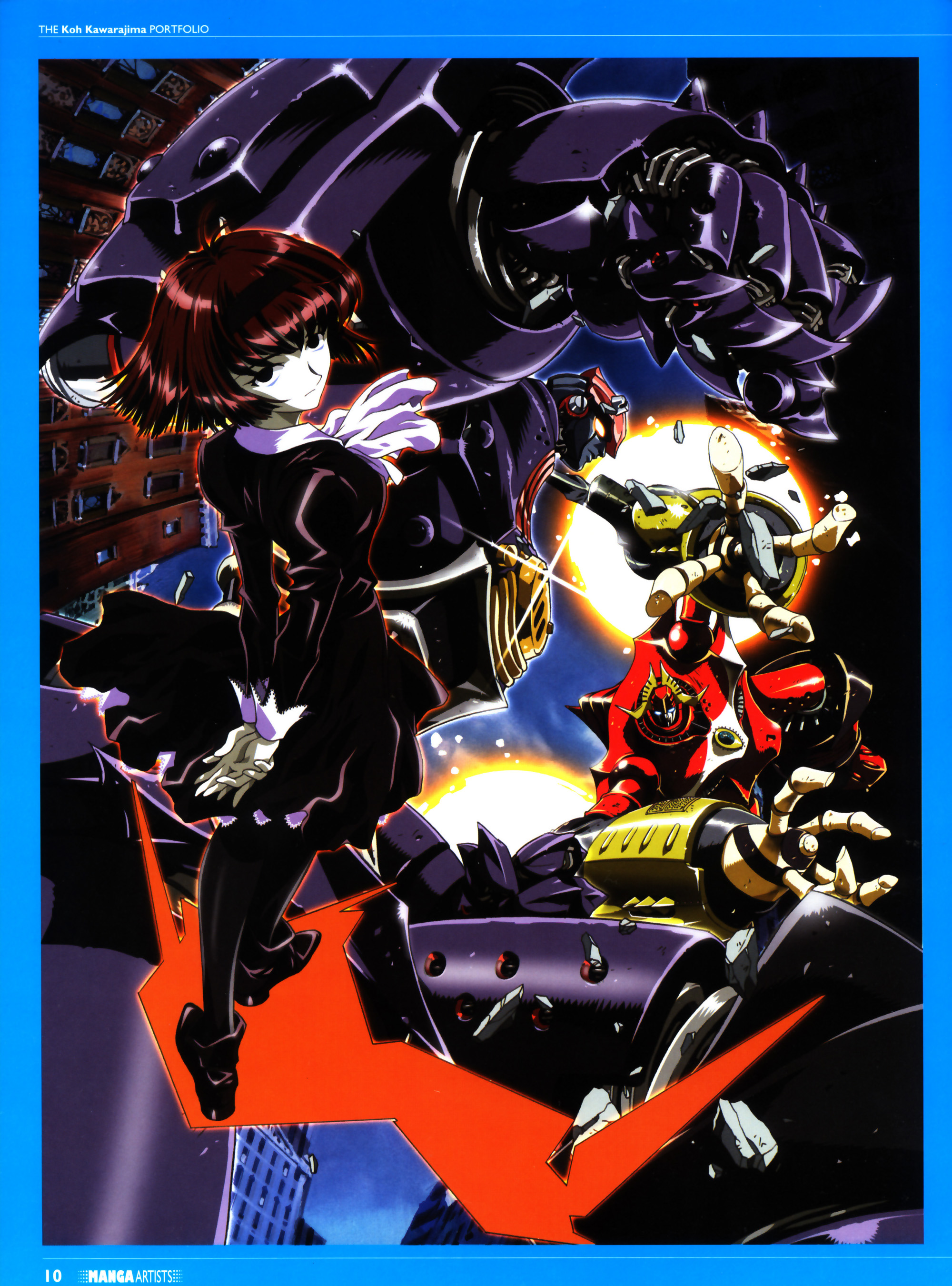 kawarajima kou, big duo, big o (mecha), r dorothy wayneright, the big o, absurdres, highres, android, arms behind back, battle, bob cut, dress, hairband, looking back, mecha, pale skin, pantyhose, red hair, robot, short hair, super robot