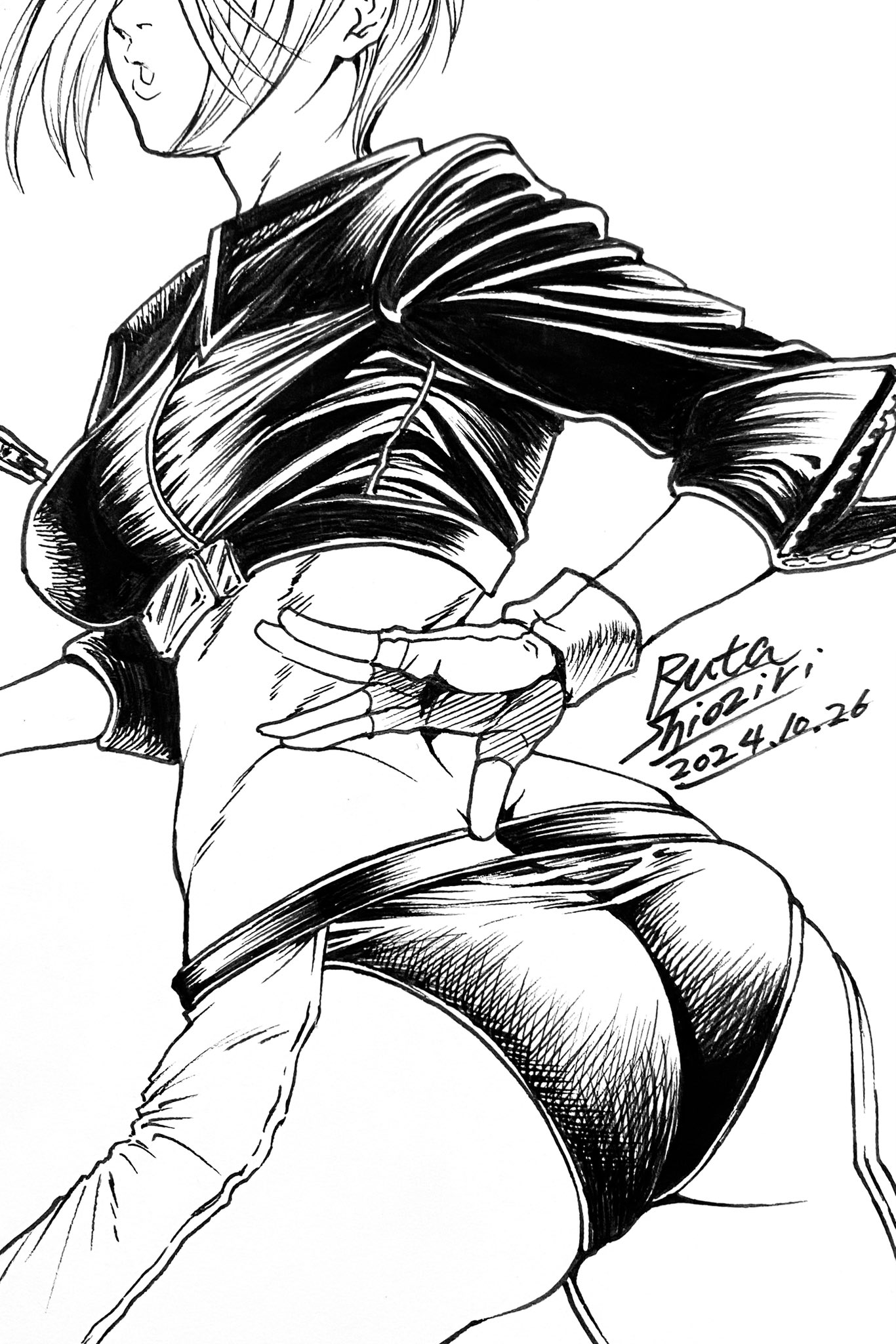 ryutaosio, angel (kof), snk, the king of fighters, the king of fighters 2001, hashtag-only commentary, highres, 1girl, ass, backless pants, breasts, chaps, dated, gloves, jacket, large breasts, leather, leather jacket, long sleeves, looking at viewer, navel, open mouth, pants, short hair, simple background, solo, standing, toned, toned female, white background