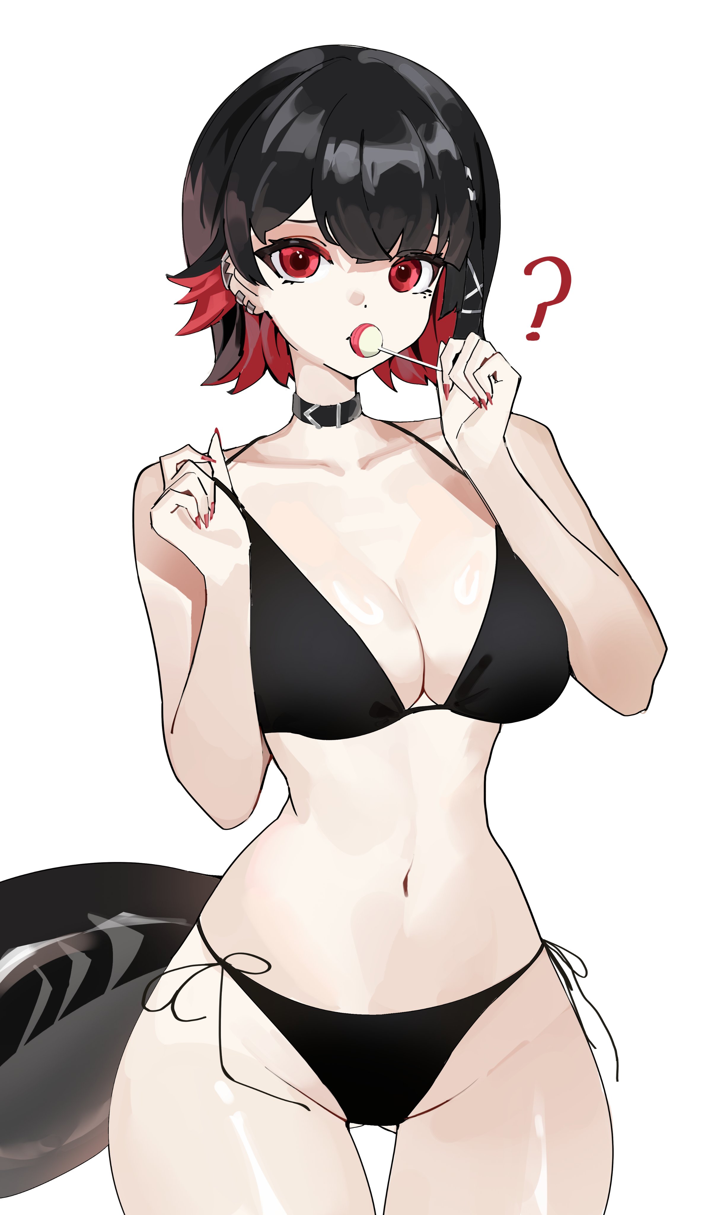 ppangchil, ellen joe, zenless zone zero, absurdres, highres, 1girl, ?, bikini, black bikini, black choker, black hair, breasts, candy, choker, cleavage, closed mouth, colored inner hair, ear piercing, fins, fish tail, food, gluteal fold, hair ornament, hairclip, holding, holding candy, holding food, holding lollipop, large breasts, lollipop, looking at viewer, multicolored hair, parted bangs, piercing, red eyes, red hair, red nails, shark girl, shark tail, short hair, simple background, solo, string bikini, swimsuit, tail, thigh gap, thighs, two-tone hair, white background