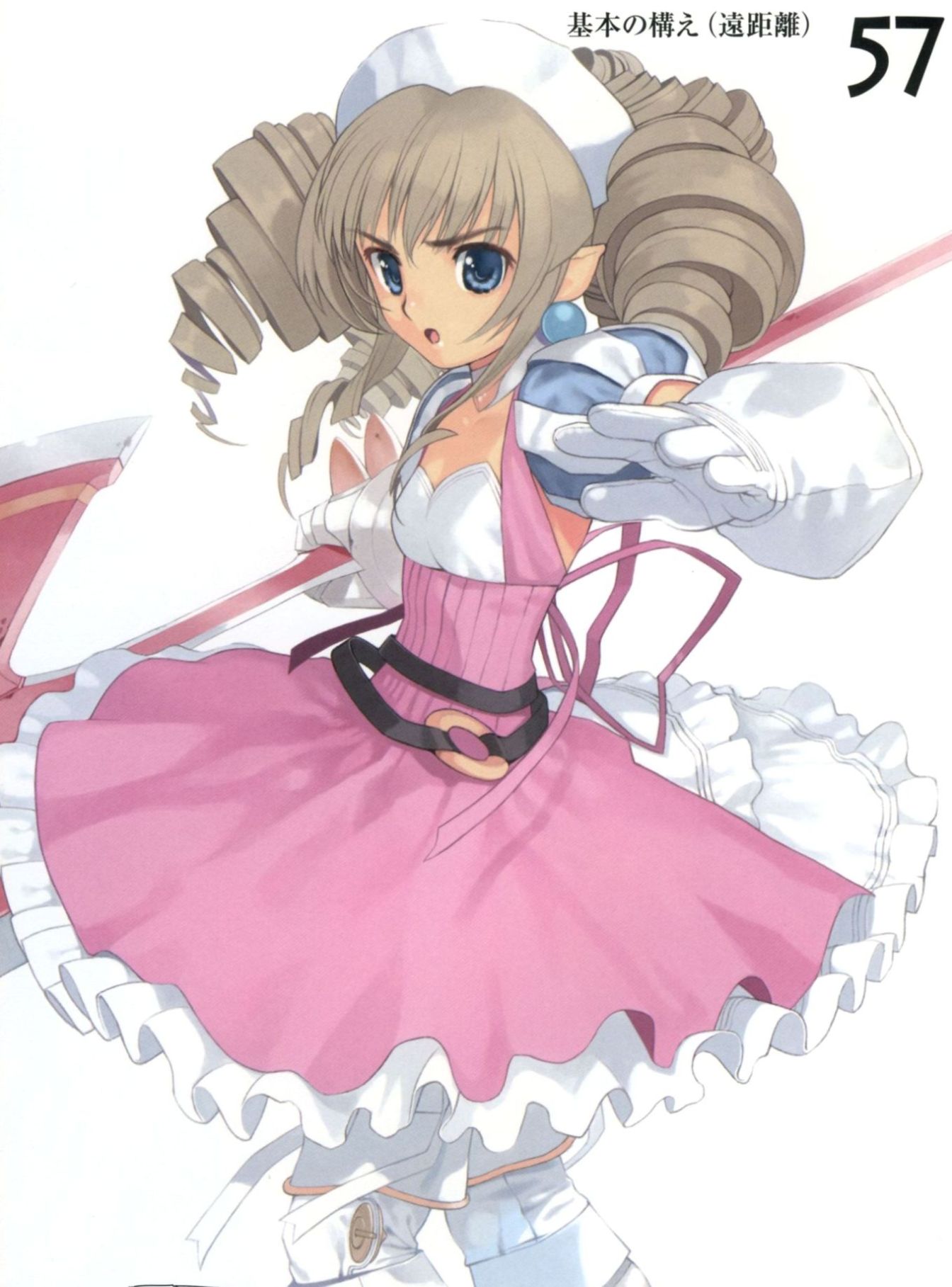 mibu natsuki, iron princess ymir, ymir (queen's blade), queen's blade, highres, 00s, 1girl, armor, blue eyes, brown hair, dress, drill hair, female focus, flat chest, frills, hairband, panties, pointy ears, solo, thighhighs, underwear