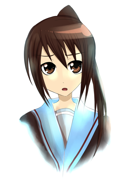 ogata sai, sai (pixiv10248), kyon, kyonko, suzumiya haruhi no yuuutsu, bad id, bad pixiv id, gender request, 00s, 1girl, brown eyes, brown hair, cardigan, female focus, genderswap, gradient background, long hair, ponytail, school uniform, serafuku, solo