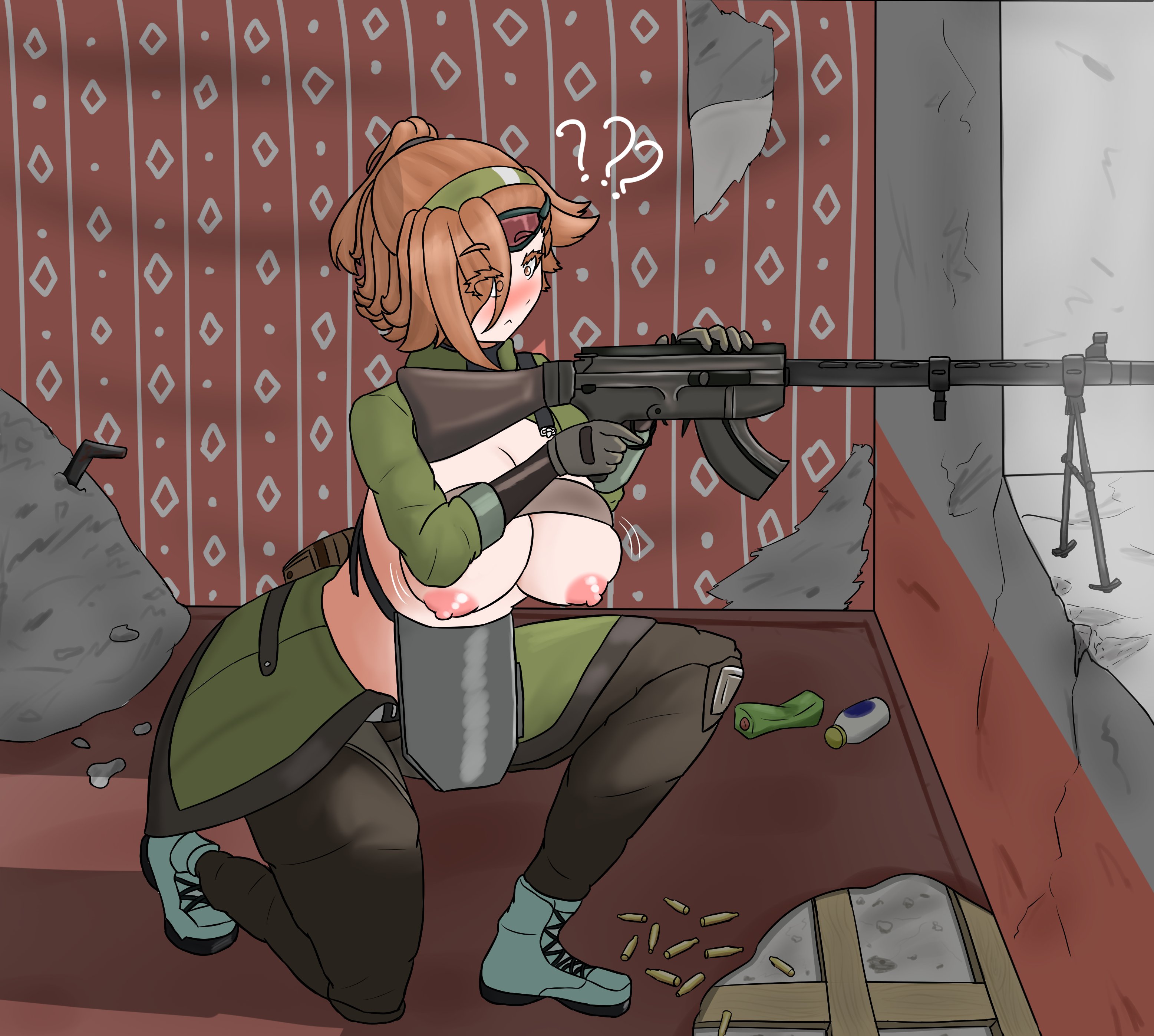 girls' frontline, girls' frontline 2: exilium, 1girl, ?, ??, balthilde (girls' frontline 2), bipod, black pantyhose, boots, breasts, breasts out, catahuct, female focus, gun, hair over one eye, hairband, kneeling, lace-up boots, lahti-saloranta m/26, large breasts, machine gun, nipples, orange hair, pantyhose, ponytail, rubble, short hair, weapon