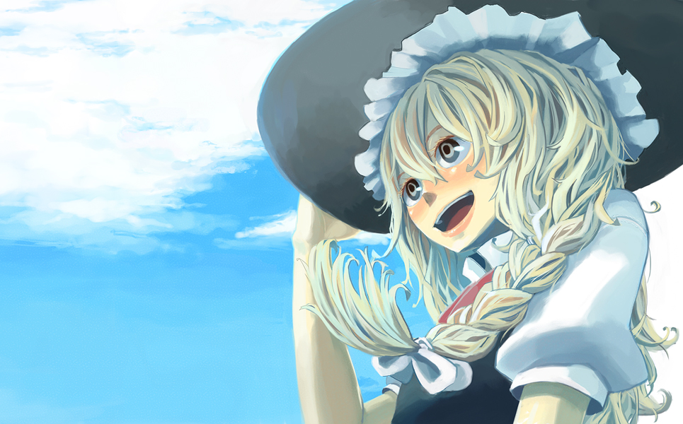 itsutsu, kirisame marisa, touhou, 1girl, :d, black dress, blonde hair, blue eyes, blush, curly hair, dress, female focus, from side, hat, open mouth, puffy short sleeves, puffy sleeves, short sleeves, sky, smile, solo, witch hat