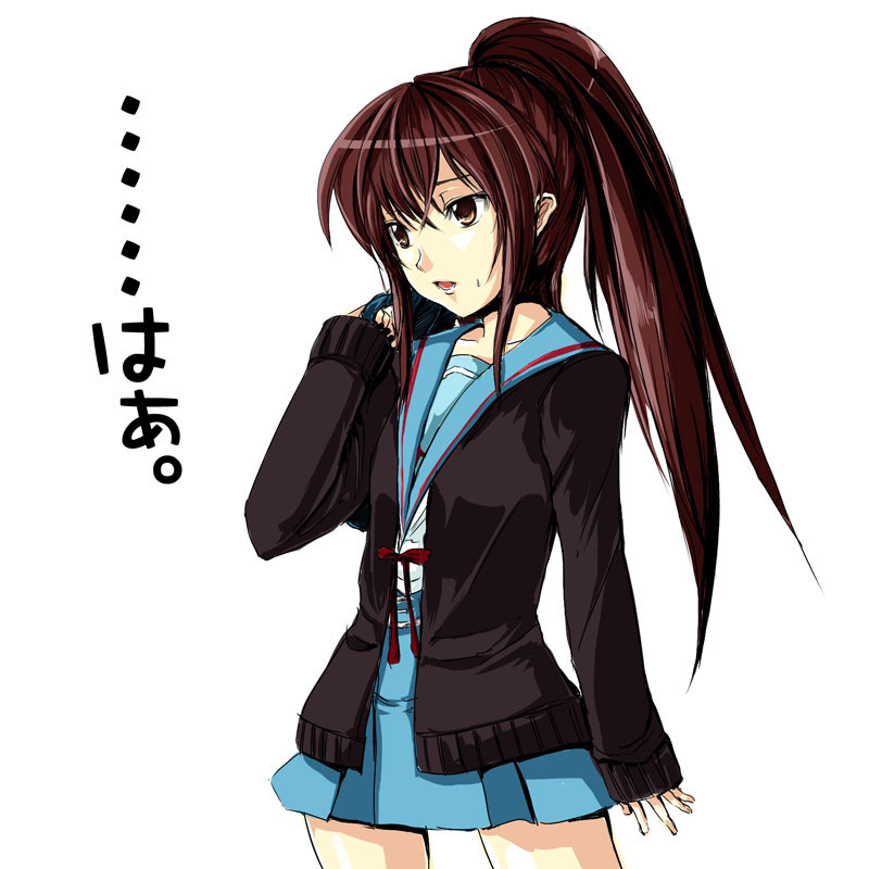 kyon, kyonko, suzumiya haruhi no yuuutsu, non-web source, 00s, 1girl, brown eyes, brown hair, cardigan, female focus, genderswap, genderswap (mtf), long hair, long sleeves, ponytail, school uniform, serafuku, simple background, solo