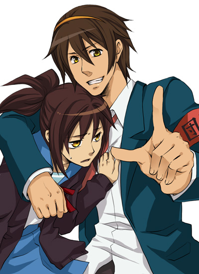 yuzuru (rapid), yuzuru (smile), kyon, kyonko, suzumiya haruhi, suzumiya haruhiko, suzumiya haruhi no yuuutsu, bad id, bad pixiv id, 00s, 1boy, 1girl, armband, brown hair, cardigan, genderswap, genderswap (ftm), genderswap (mtf), hairband, hetero, hug, long hair, pointing, ponytail, school uniform, serafuku, yellow eyes