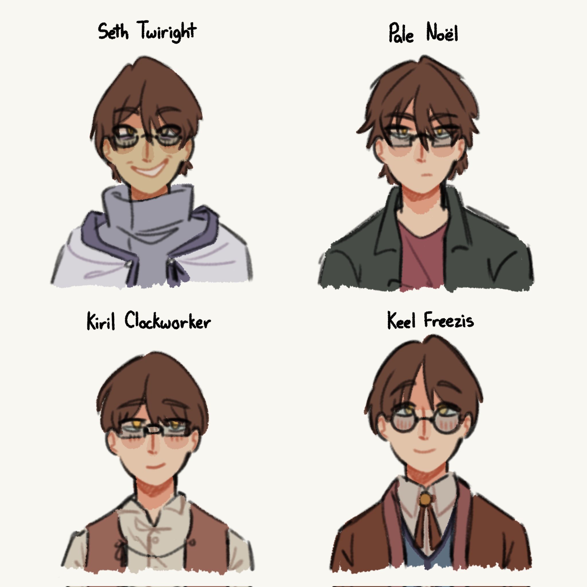 manque, hiyama kiyoteru, kiril clockworker, seth twiright, evillious nendaiki, vocaloid, highres, 4boys, bolo tie, brown hair, glasses, jacket, keel freezis, multiple boys, open clothes, open jacket, pale noel, yellow eyes