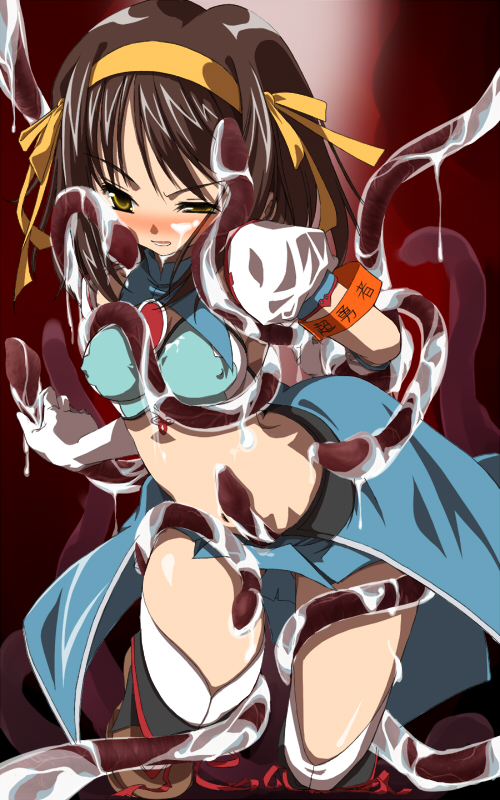 stargate (artist), superheroine haruhi, suzumiya haruhi, suzumiya haruhi no tomadoi, suzumiya haruhi no yuuutsu, bad id, bad pixiv id, 00s, 1girl, armband, blush, boots, brown hair, cum, female focus, hairband, hoshi kado, kneeling, midriff, short hair, solo, tentacles, uneven eyes, yellow eyes