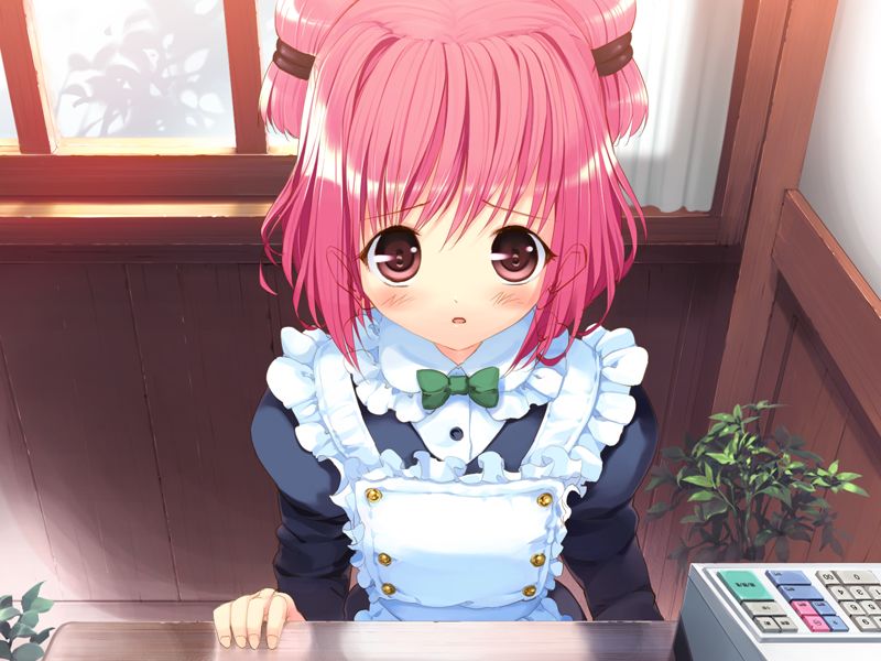 ueda ryou, hinata yuuhi, soshite ashita no sekai yori, game cg, 1girl, apron, blush, bow, female focus, solo, waitress