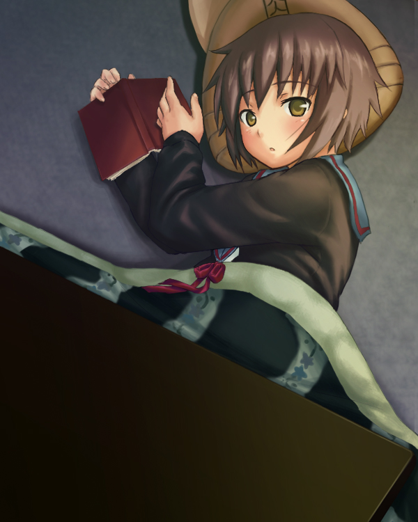 tokita arumi, nagato yuki, suzumiya haruhi no yuuutsu, silver hair, 00s, book, cardigan, kotatsu, lying, pillow, school uniform, serafuku, short hair, table, yellow eyes