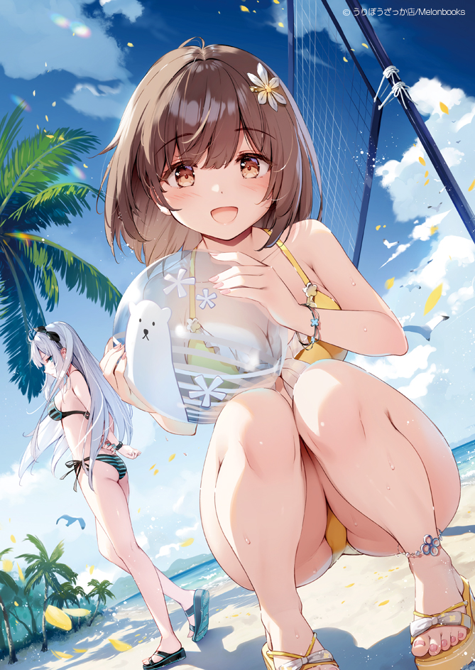 miyase mahiro, original, commentary request, 2girls, :d, ass, ball, beach, beachball, bikini, blue sky, blush, breasts, brown eyes, brown hair, cleavage, cloud, day, flower, green bikini, grey hair, hair flower, hair ornament, hair ribbon, holding, holding ball, holding beachball, long hair, looking at viewer, medium breasts, medium hair, multiple girls, ocean, open mouth, outdoors, palm tree, ribbon, side-tie bikini bottom, sidelocks, sky, smile, solo focus, squatting, standing, swimsuit, thighs, toes, tree, volleyball net, yellow bikini