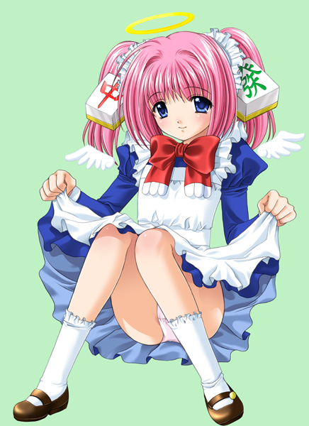 nishimata aoi, chiyu, netrunmon, 00s, 1girl, angel wings, board game, female focus, halo, mahjong, panties, skirt, socks, solo, traditional halo, twintails, underwear, upskirt, wings