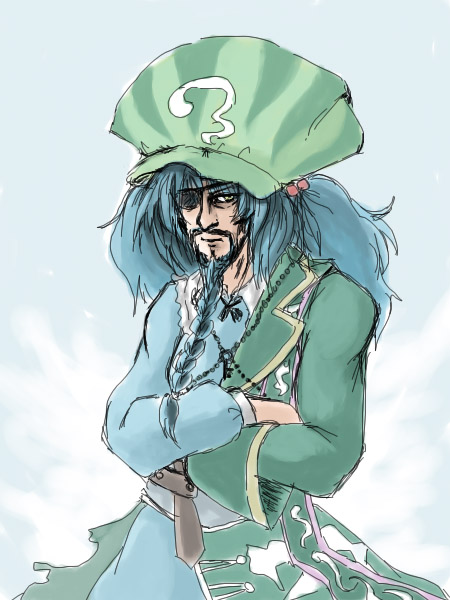 kawashiro nitori, touhou, 1boy, beard, braid, braided beard, eyepatch, facial hair, genderswap, genderswap (ftm), green hat, hat, male focus, pirate, solo, two side up, what