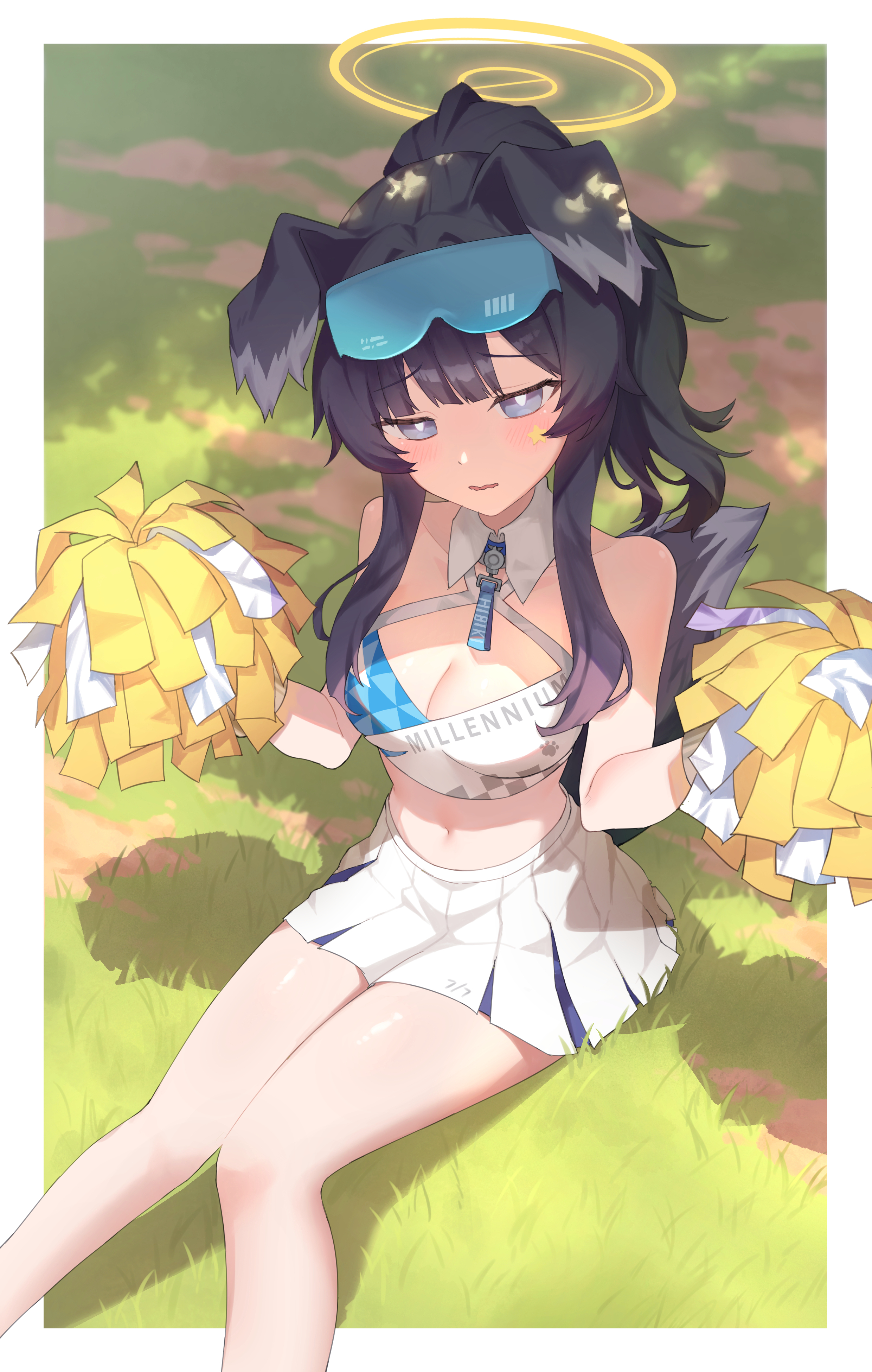 kuro11kii, hibiki (blue archive), hibiki (cheer squad) (blue archive), blue archive, absurdres, highres, 1girl, bare arms, bare shoulders, black hair, blue eyes, blush, breasts, cheerleader, cleavage, collarbone, day, hair between eyes, hair ornament, halo, holding, long hair, looking at viewer, medium breasts, midriff, miniskirt, navel, open mouth, outdoors, pleated skirt, pom pom (cheerleading), ponytail, sitting, skirt, sleeveless, smile, solo, sports bra, stomach, thighs, white skirt