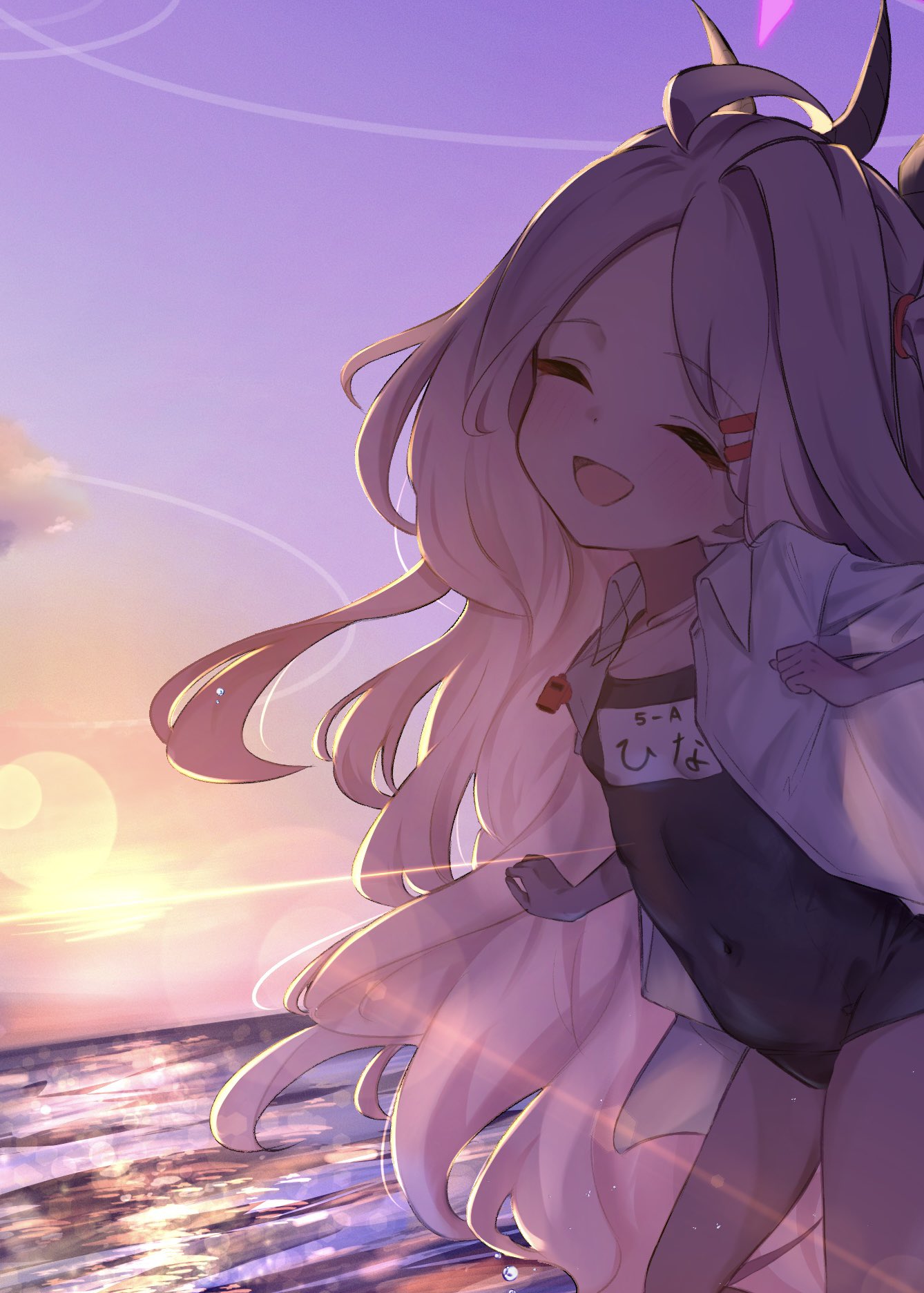 toushitukata 7, hina (blue archive), hina (swimsuit) (blue archive), blue archive, commentary request, highres, 1girl, ahoge, black halo, breasts, demon girl, demon horns, halo, horns, long hair, ocean, old school swimsuit, open mouth, outdoors, school swimsuit, small breasts, smile, solo, standing, swimsuit, very long hair, white hair