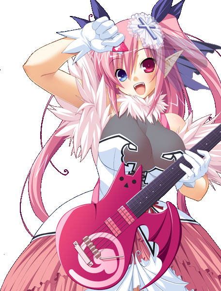 ozawa akifumi, chua churam, chu x chu idol, breasts, cross, dress, fangs, gloves, guitar, hair ornament, hair ribbon, happy, heterochromia, impossible clothes, impossible shirt, instrument, large breasts, latin cross, long hair, pointy ears, ribbon, shirt, solo, twintails, very long hair