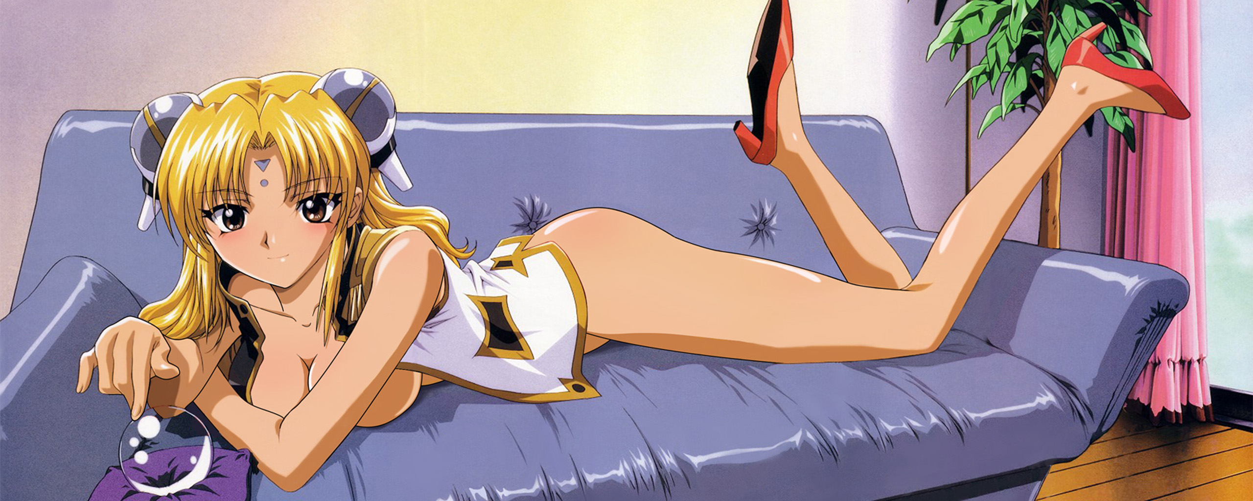 ranpha franboise, broccoli (company), galaxy angel, highres, long image, nude filter, third-party edit, wide image, 00s, 1girl, ass, blonde hair, blush, breasts, brown eyes, couch, crystal ball, curtains, facial mark, female focus, forehead mark, hair ornament, hairclip, high heels, indoors, large breasts, long hair, looking at viewer, lying, on stomach, plant, potted plant, red shoes, shoes, solo, vest, wooden floor