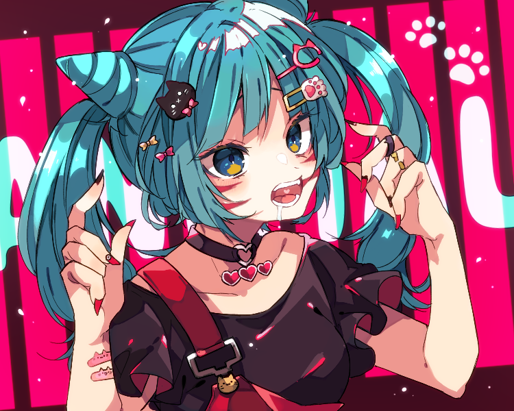 kaho 0102, hatsune miku, animal (vocaloid), vocaloid, commentary request, 1girl, black choker, black dress, black nails, blue eyes, blue hair, cat hair ornament, choker, collarbone, cone hair bun, double bun, dress, hair bun, hair ornament, hands up, heart, heart choker, long hair, multicolored nails, nail polish, open mouth, paw hair ornament, pink background, red nails, short sleeves, solo, teeth, twintails, upper body