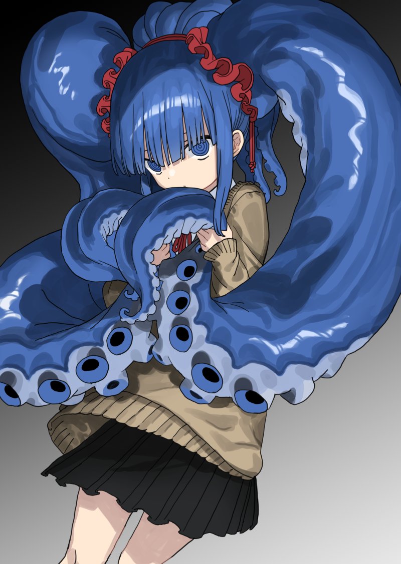 megame (okbnkn), mizudako-chan (okbnkn), mizudako-chan kara wa nigerarenai!, commentary request, 1girl, black skirt, blue eyes, blue hair, brown cardigan, cardigan, cowboy shot, gradient background, hair ornament, holding tentacle, long sleeves, looking at viewer, pleated skirt, ringed eyes, school uniform, skirt, solo, tentacle hair