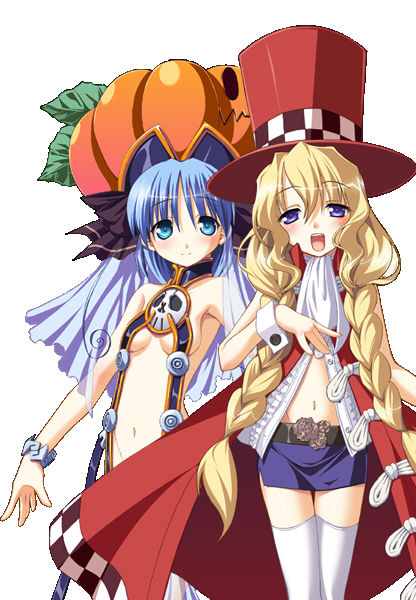 ozawa akifumi, hiyori pixie, uesugi uta, chu x chu idol, 2girls, blonde hair, blue eyes, blue hair, braid, hat, miniskirt, multiple girls, music, pumpkin, pumpkin hat, purple eyes, singing, skirt, thighhighs, top hat, twin braids, white background, zettai ryouiki