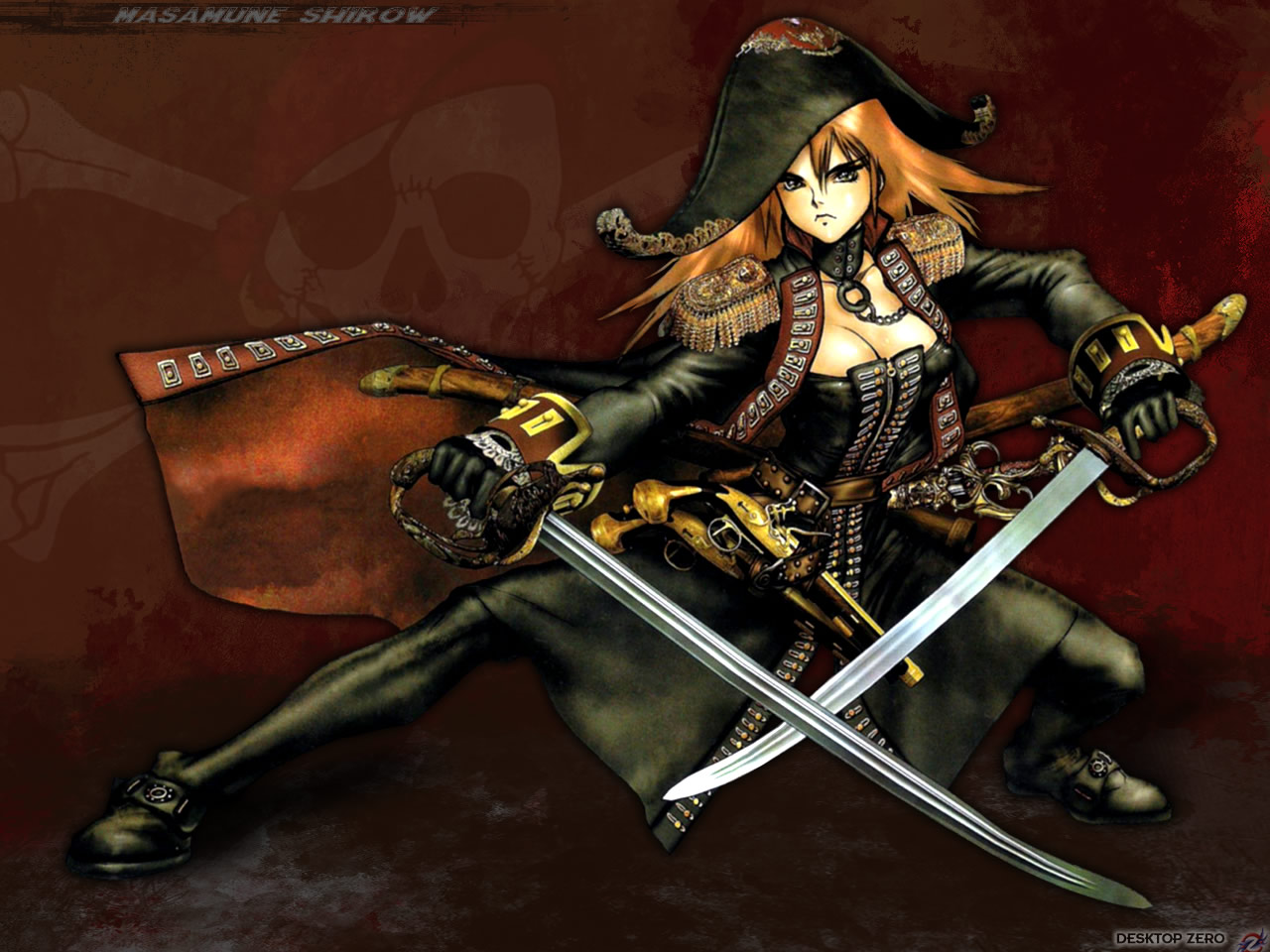 shirou masamune, christabel p. athamastus, 1girl, breasts, cleavage, female focus, large breasts, leggings, legs apart, pirate, shadow, solo, sword, weapon, wide stance