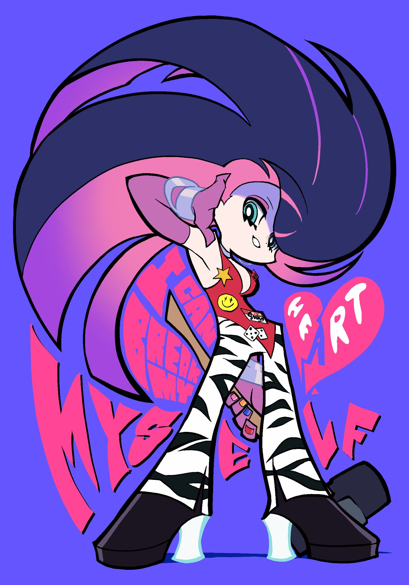 mattdiex0515, stocking (psg), panty & stocking with garterbelt, highres, 1girl, alternate costume, animal print, aqua eyes, blunt bangs, break my heart myself (bebe rexha), breasts, colored inner hair, floating hair, gloves, grin, large breasts, long hair, looking at viewer, multicolored hair, pale skin, pink hair, purple hair, smile, solo, striped clothes, tiger print, two-tone hair, white tiger print