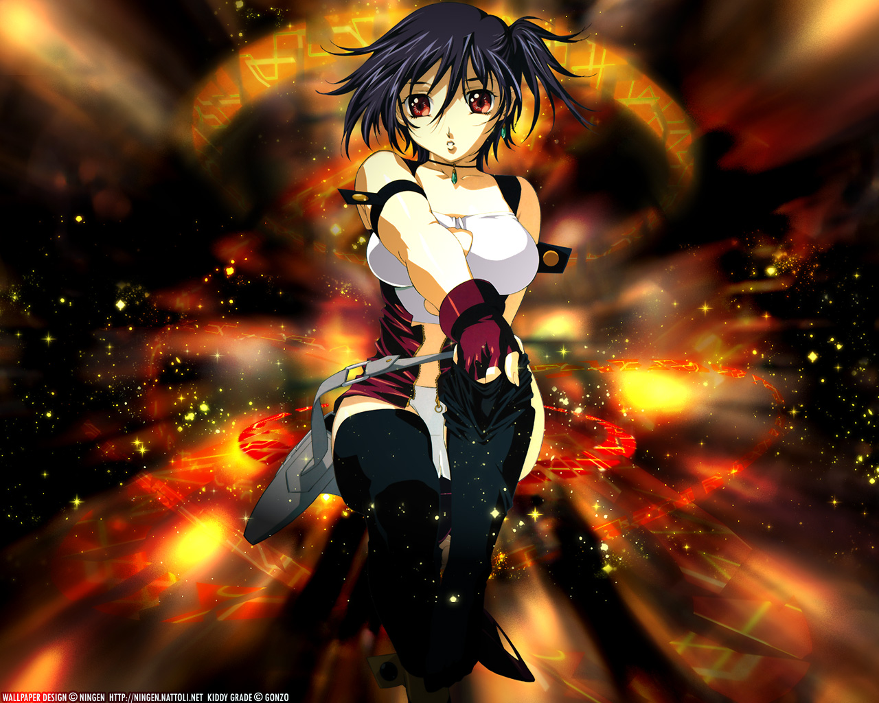gotou keiji, eclair (kiddy grade), kiddy grade, 00s, 1girl, armlet, backlighting, bag, bare shoulders, black thighhighs, breasts, chain, cleavage cutout, clothing cutout, collarbone, crop top, earrings, female focus, fingerless gloves, fire, gloves, hair between eyes, invisible chair, jewelry, looking at viewer, medium breasts, one side up, outstretched arm, panties, pink gloves, purple hair, red eyes, satchel, shiny skin, short hair, sitting, sleeveless, solo, sparkle, thighhighs, underwear, undressing, white panties