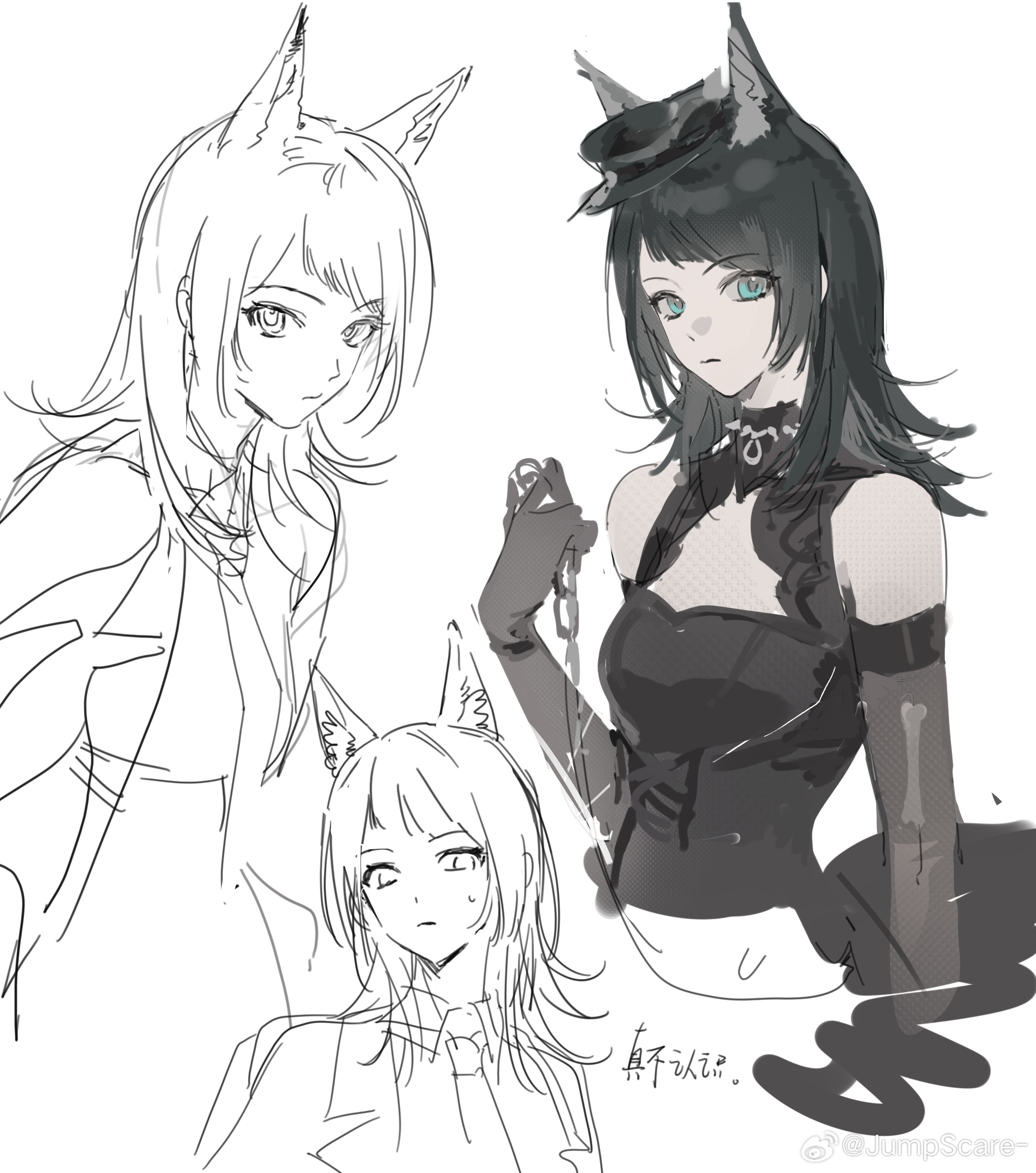 linnai (jumpscare), yahata umiri, arknights, bang dream!, bang dream! it's mygo!!!!!, absurdres, chinese commentary, commentary request, highres, translation request, 1girl, animal ear fluff, animal ears, bare shoulders, black dress, black gloves, black hair, blue eyes, chain, chinese text, closed mouth, dress, elbow gloves, gloves, holding, holding chain, kemonomimi mode, looking at viewer, medium hair, multiple views, necktie, simple background, tail, upper body, watermark, weibo watermark, white background, wolf ears, wolf girl, yahata umiri (moonlight executioner)
