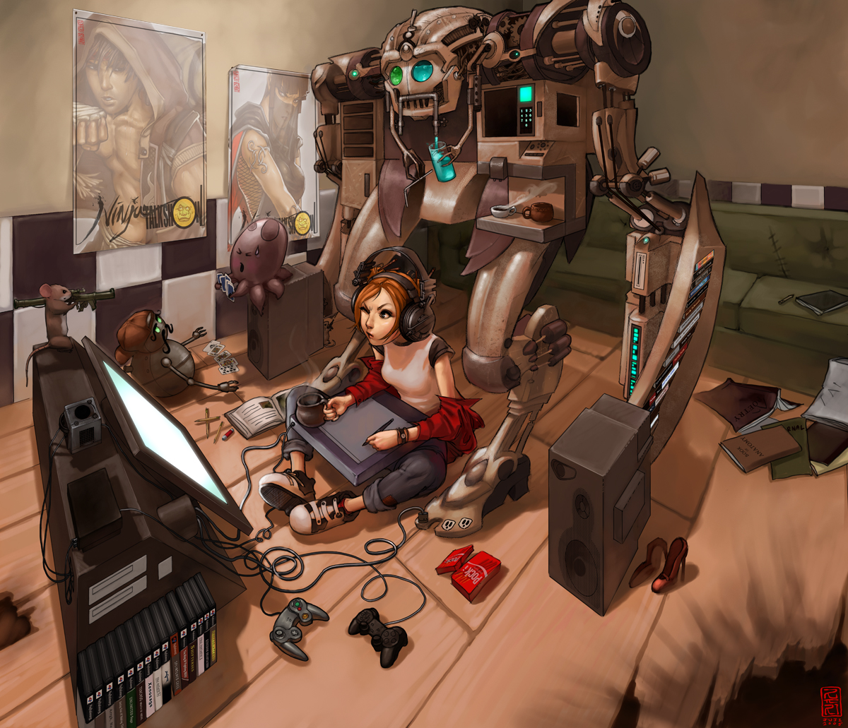 jujika (artist), ninja talkshow, original, md5 mismatch, resized, resolution mismatch, source smaller, upscaled, 1girl, book, cable, card, controller, couch, cup, drawing tablet, facial hair, female focus, fishnets, food, game console, game controller, gamecube, hat, headphones, hood, jacket, m1 bazooka, mouse (animal), mustache, octopus, off shoulder, otaku, pencil, perspective, playing games, playstation 2, pocky, poster (object), red hair, robot, rocket launcher, short hair, solo, speaker, stylus, sweatdrop, tea, television, veil, video game, weapon