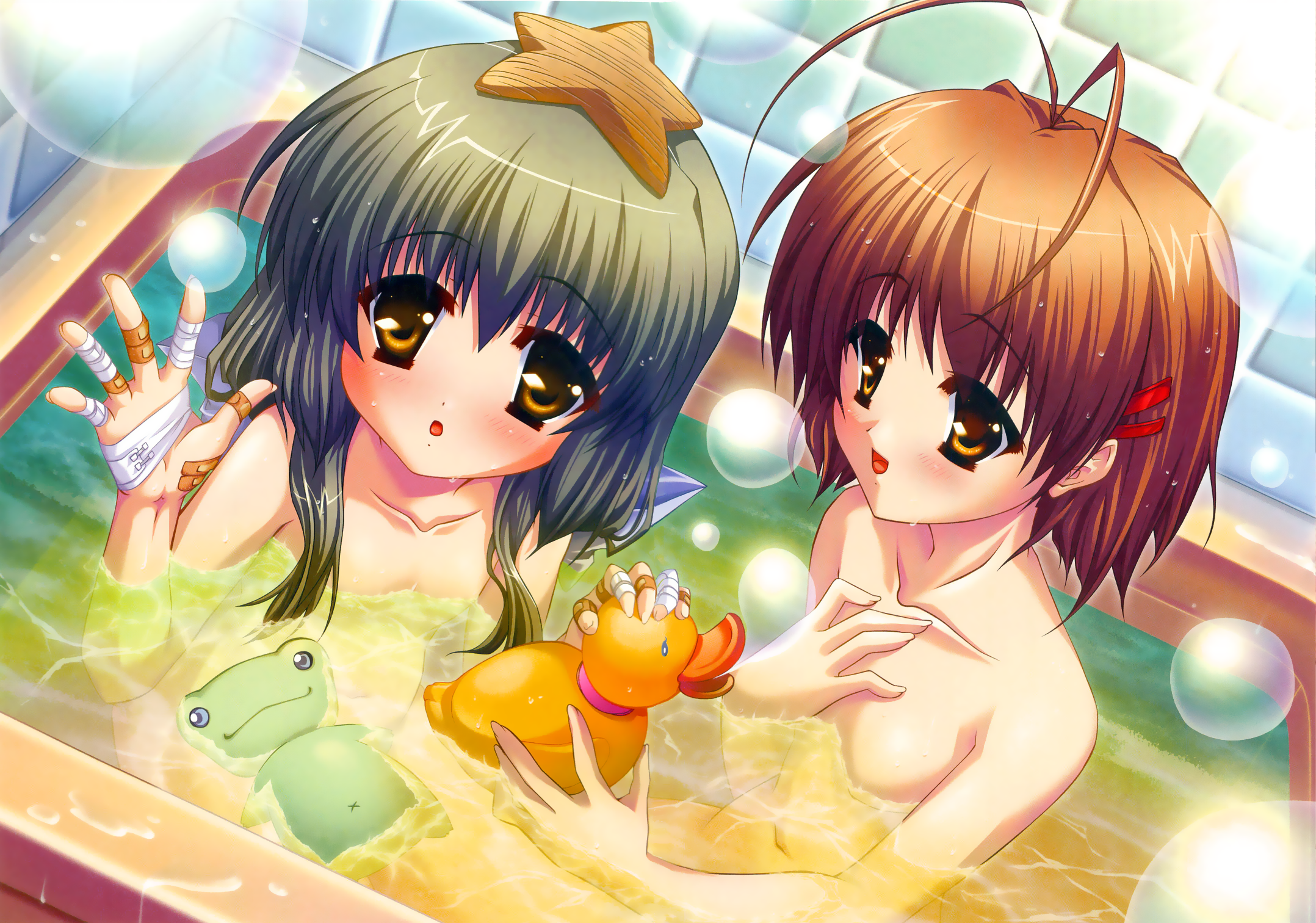 katagiri hinata, furukawa nagisa, ibuki fuuko, clannad, highres, 00s, 2girls, antenna hair, bandages, bandaid, bandaid on hand, bath, bath toy, bird, brown eyes, brown hair, bubble, duck, flat chest, grey hair, hair ornament, hairclip, loli, multiple girls, nude, object on head, rubber duck, short hair, starfish, water