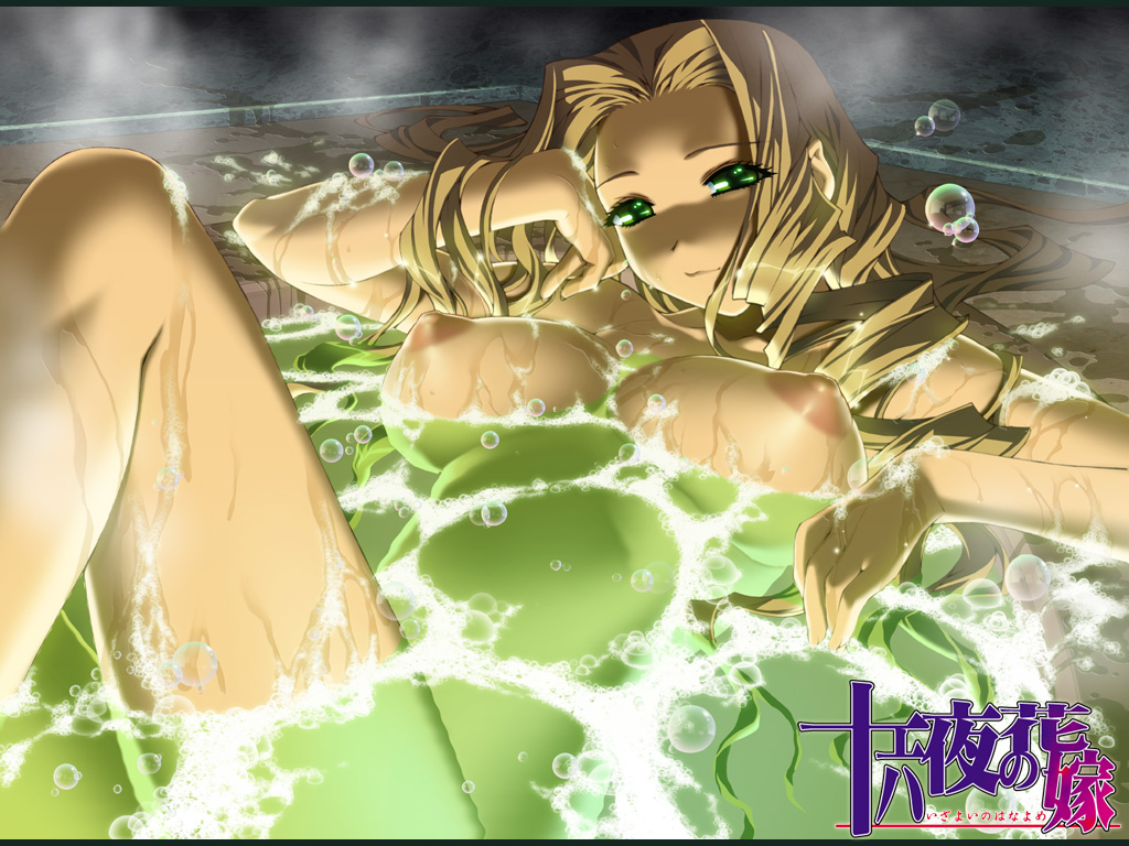 ino (magloid), honnou yukari, izayoi no hanayome, game cg, 1girl, bath, blonde hair, breasts, bubble, cleavage, female focus, green eyes, huge breasts, long hair, nipples, nude, solo, underboob, water, wet