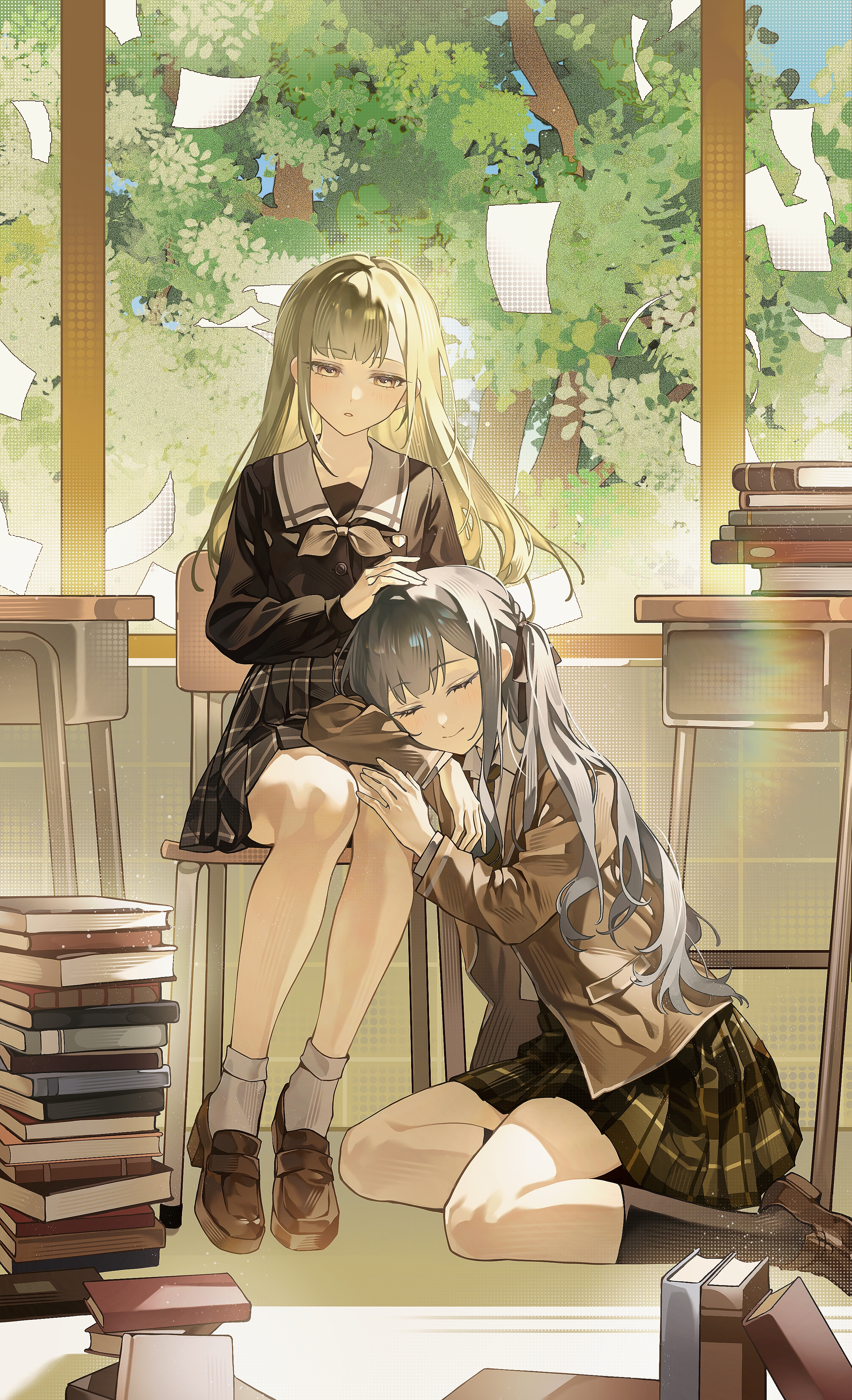 umie (iowae), togawa sakiko, wakaba mutsumi, bang dream!, bang dream! it's mygo!!!!!, absurdres, commission, highres, 2girls, arm on another's leg, arm rest, ben-day dots, black ribbon, black shirt, black skirt, black socks, blue hair, book, book stack, brown jacket, brown shoes, chair, closed eyes, collared shirt, desk, falling paper, green hair, green skirt, grey socks, hair ribbon, halftone, hand on another's head, hand on another's knee, haneoka school uniform, head rest, indoors, jacket, leaning on person, lens flare, light blush, loafers, long hair, multiple girls, muted color, on chair, plaid clothes, plaid skirt, ribbon, school chair, school desk, school uniform, screentones, shirt, shoes, signature, sitting, skirt, sleeping, sleeping upright, socks, tree, very long hair, window, yellow eyes, yokozuwari