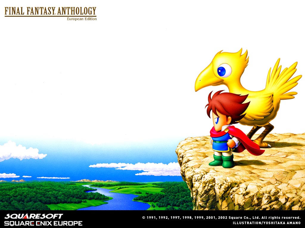 bartz klauser, boco, chocobo, final fantasy, final fantasy v, 00s, 1990s (style), 1boy, 2002, bird, boots, brown hair, cliff, copyright name, creature, forest, full body, green boots, landscape, male focus, nature, outdoors, retro artstyle, river, scenery, shore, standing, water, yellow bird
