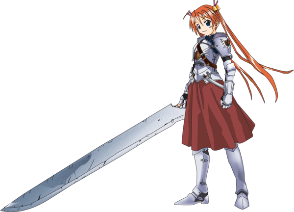 kagurazaka asuna, mahou sensei negima!, 00s, 1girl, armor, bell, blue eyes, boots, female focus, full body, gauntlets, hair ornament, heterochromia, huge weapon, long hair, orange hair, red hair, skirt, smile, solo, standing, strap, sword, transparent background, twintails, very long hair, weapon