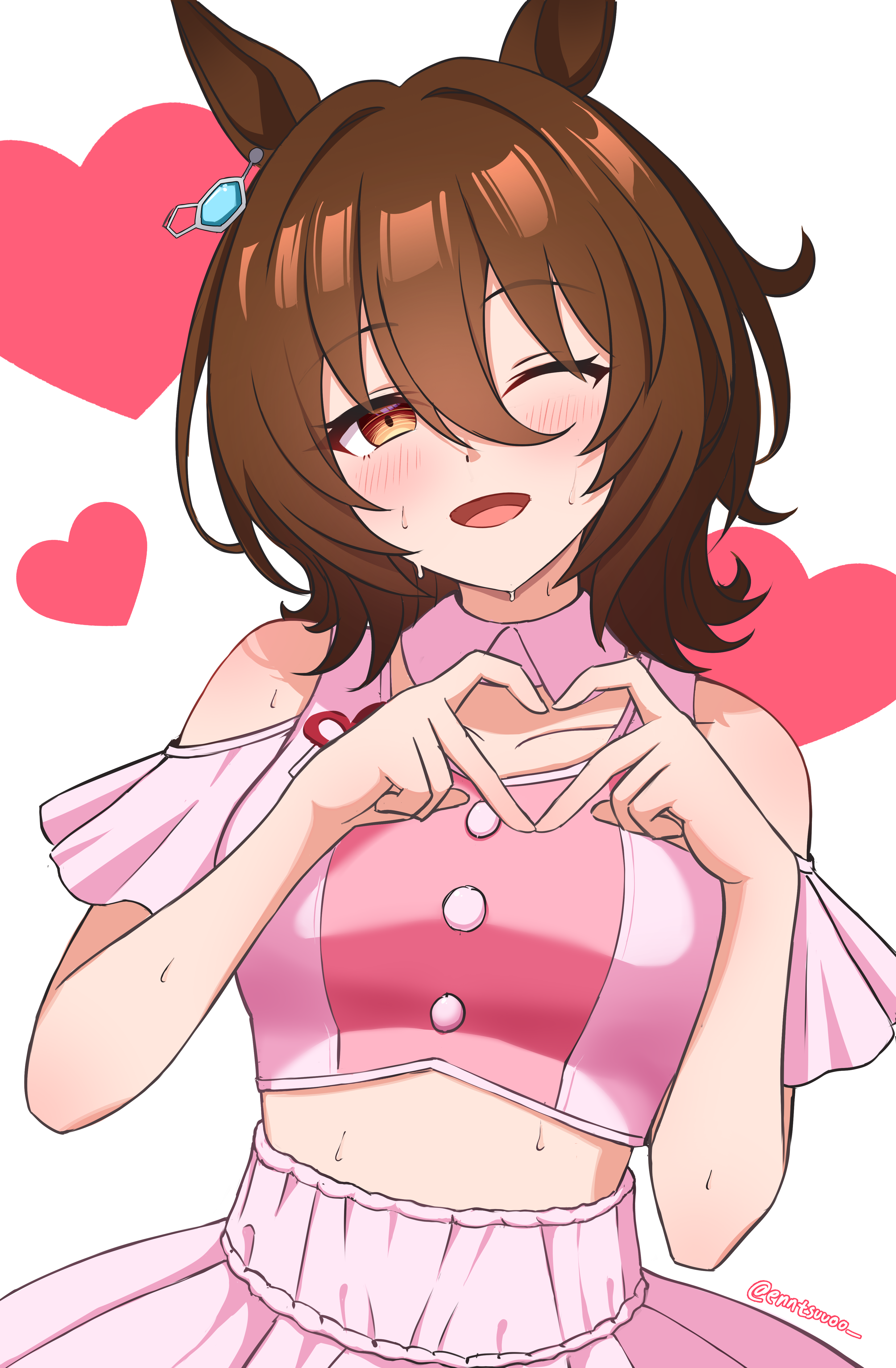 n2o, agnes tachyon (umamusume), umamusume, absurdres, highres, 1girl, animal ears, bare shoulders, blush, brown eyes, brown hair, clothing cutout, crop top, ear ornament, four-finger heart hands, heart, heart hands, horse ears, horse girl, looking at viewer, medium hair, one eye closed, open mouth, pink shirt, pink skirt, shirt, shoulder cutout, simple background, skirt, smile, solo, sweat, upper body, white background