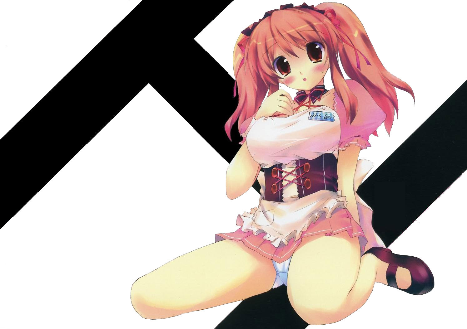 asahina mikuru, suzumiya haruhi no yuuutsu, 00s, 1girl, blush, breasts, corset, female focus, large breasts, long hair, looking at viewer, mary janes, official alternate hairstyle, panties, pantyshot, red eyes, red hair, shoes, sitting, solo, twintails, underbust, underwear, wariza, white panties