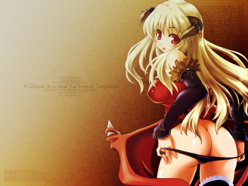 succubus (ragnarok online), ragnarok online, 1girl, :p, ass, blonde hair, blush, breasts, cameltoe, covered erect nipples, demon girl, english text, female focus, frilled thigh strap, horns, jewelry, medium breasts, panties, panty pull, red eyes, ring, solo, thigh strap, tongue, tongue out, underwear, wings