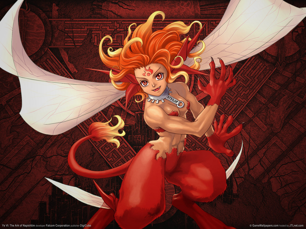 jue (ys), ys, ys vi, ys vi: the ark of napishtim, 1girl, claws, demon, demon girl, fairy, female focus, pointy ears, red background, red eyes, solo, tail, wings