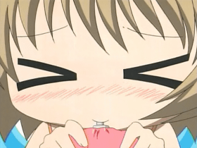 yuno (hidamari sketch), hidamari sketch, animated, animated gif, lowres, > <, 00s, 1girl, :3, blowing, blush, brown eyes, brown hair, close-up, closed eyes, female focus, pool, short hair, solo, wading pool