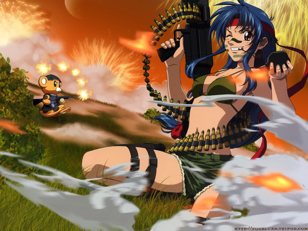 bonta-kun, chidori kaname, full metal panic!, official art, official wallpaper, 00s, 1girl, ammunition belt, assault rifle, bikini, bikini top only, blue hair, brown eyes, bullet, cartridge, explosive, grenade, gun, headband, long hair, low-tied long hair, machine gun, one eye closed, rifle, short shorts, shorts, swimsuit, weapon, wink